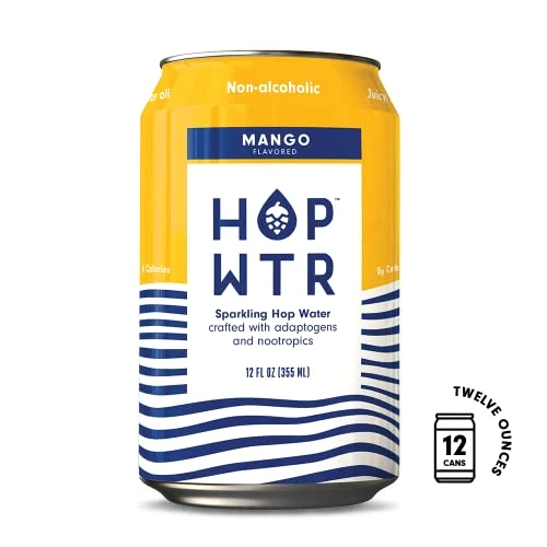 HOP WTR - Sparkling Hop Water - Mango - (12 Pack) - NA Beer, No Calories or Sugar, Low Carb, With Adaptogens and Nootropics for Added Benefits (12 oz Cans)
