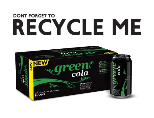 Green Cola - Sugar Free, Zero Calories, Naturally Sweetened with 100% Stevia Leaf Extract, Carbonated Soda, 100% Cola Taste, 12 Fl Oz each can - Pack of 8
