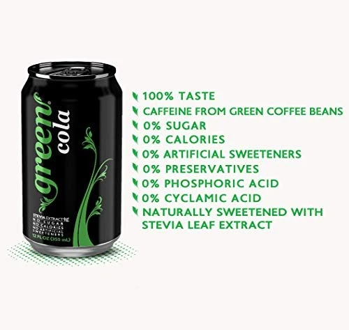 Green Cola - Sugar Free, Zero Calories, Naturally Sweetened with 100% Stevia Leaf Extract, Carbonated Soda, 100% Cola Taste, 12 Fl Oz each can - Pack of 8