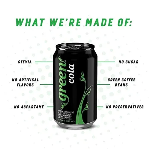 Green Cola - Sugar Free, Zero Calories, Naturally Sweetened with 100% Stevia Leaf Extract, Carbonated Soda, 100% Cola Taste, 12 Fl Oz each can - Pack of 8