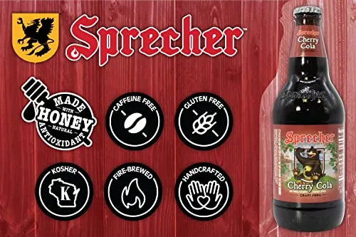 Sprecher Cherry Cola, Fire-Brewed Craft Soda, Glass Bottle, 16oz, 12 Pack