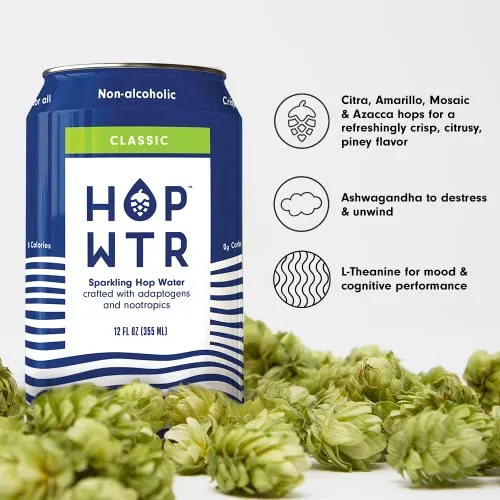 HOP WTR - Sparkling Hop Water - Classic (12 Pack) - NA Beer, No Calories or Sugar, Low Carb, With Adaptogens and Nootropics for Added Benefits (12 oz Cans)