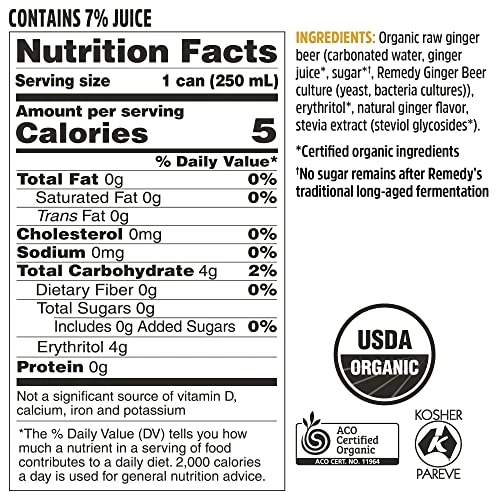Remedy Ginger Beer - Sugar Free, USDA Organic & Low Calorie Mixer Drink - Non Alcoholic & Made With Real Ginger - 8.5 Fl Oz Can, 12-Pack