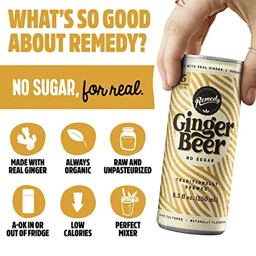 Remedy Ginger Beer - Sugar Free, USDA Organic & Low Calorie Mixer Drink - Non Alcoholic & Made With Real Ginger - 8.5 Fl Oz Can, 12-Pack