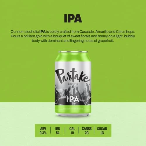 Partake Brewing Non Alcoholic Craft Brew, IPA, 24 Pack - 12 Ounce Cans, Low Calorie, All Natural Ingredients