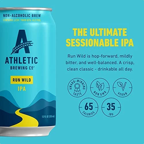 Athletic Brewing Company Craft Non-Alcoholic Beer - 6 Pack x 12 Fl Oz Cans - Run Wild IPA - Low-Calorie, Award Winning - The Ultimate Sessionable IPA Subtle Yet Complex Malt Profile