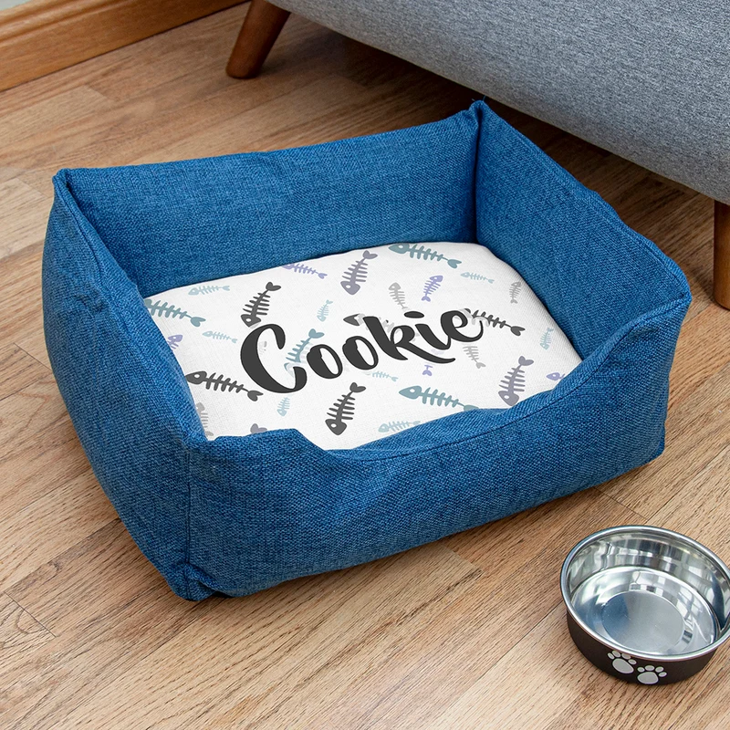 Personalised Personalised Blue Comfort Dog Bed with Fish Bone Design