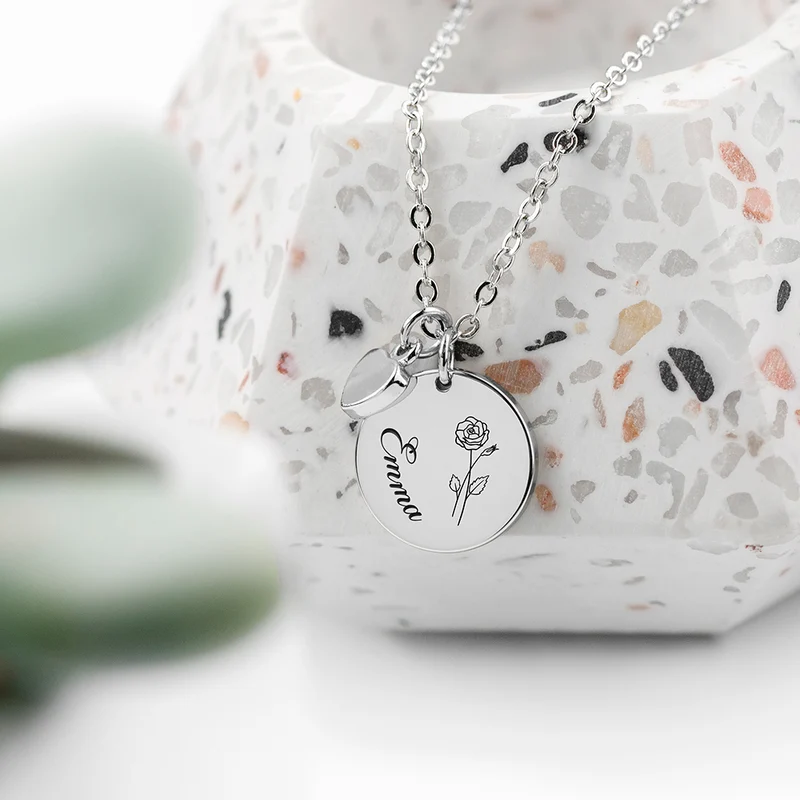 Personalised Personalised Birth Flower Heart and Disc Necklace