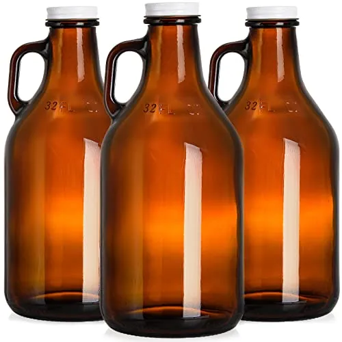 ZEAYEA 3 Pack Glass Growler, 32 oz Amber Glass Jug with Lids and Handle, Great for Beer, Home Brewing, Kombucha, Cider, Soda, Distilled Water