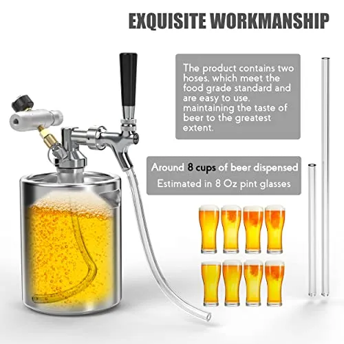 Pressurized Beer Mini Keg System 64oz Stainless Steel Growler Tap Easy Storage Under Pressure-Homebrew Growler Beer Dispenser Keeps Carbonation for Craft Beer, Draft and Homebrew