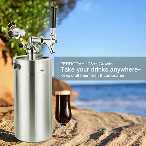 FERRODAY SS304 128oz Mini Keg Growler Beer Keg Draft Beer Dispenser Pressurized Growler for Beer Mini Keg 60 psi Co2 Regulator Beer Faucet Keg Kit Keeps Beer Fresh Portable Mini Keg Beer Co2 Growler