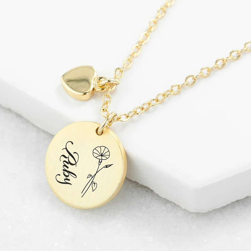 Personalised Personalised Birth Flower Brushed Heart and Disc Necklace