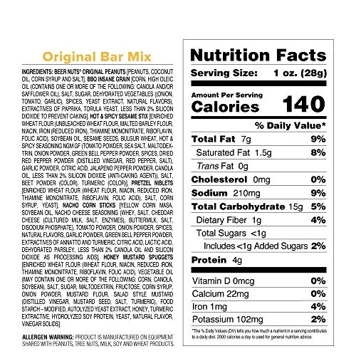 BEER NUTS Original Bar Mix - 32 oz Resealable Bag (Pack of 2), Pretzels, Cheese Sticks, Sesame Sticks, Roasted Corn Nuts, and Original Peanuts