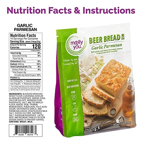 Molly & You Garlic Parmesan Beer Bread Mix (Pack of 1) - Gourmet, Artisan Bread Kit - No Bread Machine Needed - Just Add Beer or Soda