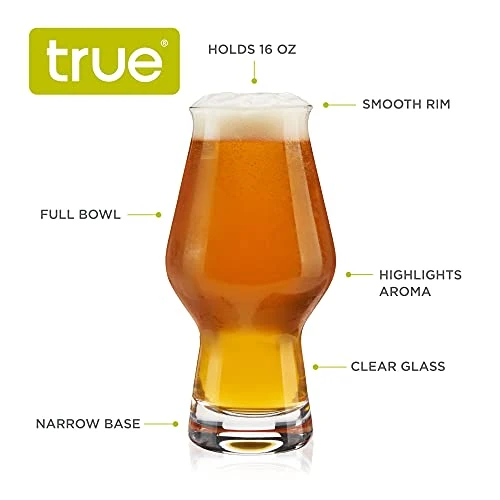 True IPA Glasses, Beer Pint Glasses, Craft Beer Glassware, IPA Glass Set, Set of 4, 16 Ounce Capacity, for Stouts, Pilsners, IPAs