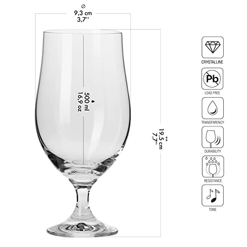 KROSNO Lager Beer Glasses | Set of 6 | 16.9 oz | Harmony Collection | Perfect for Home, Restaurants and Pubs | Dishwasher Safe
