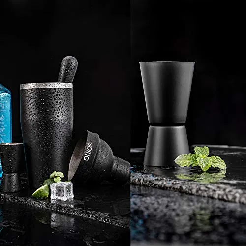 Soing 11-Piece Black Bartender Kit,Perfect Home Cocktail Shaker Set for Drink Mixing,Stainless Steel Bar Tools with Stand,Velvet Carry Bag & Cocktail Recipes Cards (Black)