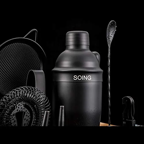 Soing 11-Piece Black Bartender Kit,Perfect Home Cocktail Shaker Set for Drink Mixing,Stainless Steel Bar Tools with Stand,Velvet Carry Bag & Cocktail Recipes Cards (Black)