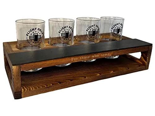Beer Flight Glasses with Board - FLIGHT DECK For Those Who Serve - Beer Tasting Glasses Set of 4 w/ Wooden Tray - Beer Sampler Chalkboard for Writing Types - Brewer/Beer Tasting Kit Full Set - 16 oz.