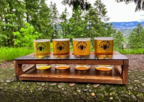 Beer Flight Glasses with Board - FLIGHT DECK For Those Who Serve - Beer Tasting Glasses Set of 4 w/ Wooden Tray - Beer Sampler Chalkboard for Writing Types - Brewer/Beer Tasting Kit Full Set - 16 oz.