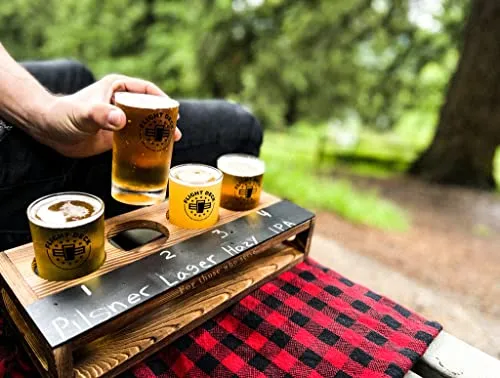 Beer Flight Glasses with Board - FLIGHT DECK For Those Who Serve - Beer Tasting Glasses Set of 4 w/ Wooden Tray - Beer Sampler Chalkboard for Writing Types - Brewer/Beer Tasting Kit Full Set - 16 oz.