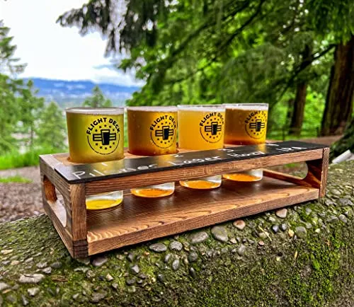Beer Flight Glasses with Board - FLIGHT DECK For Those Who Serve - Beer Tasting Glasses Set of 4 w/ Wooden Tray - Beer Sampler Chalkboard for Writing Types - Brewer/Beer Tasting Kit Full Set - 16 oz.