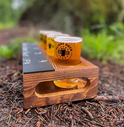 Beer Flight Glasses with Board - FLIGHT DECK For Those Who Serve - Beer Tasting Glasses Set of 4 w/ Wooden Tray - Beer Sampler Chalkboard for Writing Types - Brewer/Beer Tasting Kit Full Set - 16 oz.