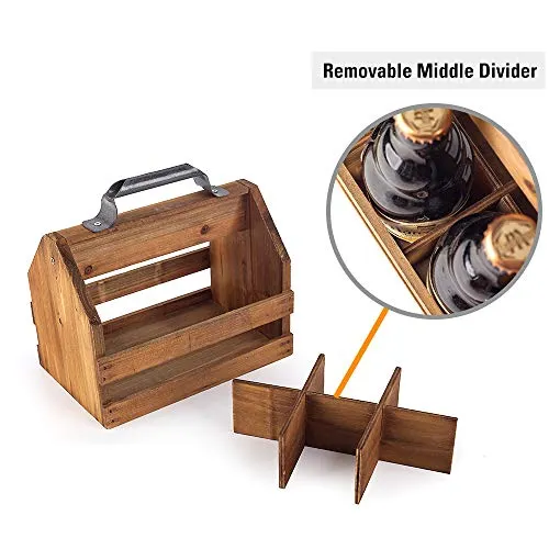 BARGIFTS Wooden 6-Bottle Caddy with Bottle Opener, build in a Removable Middle Divider Metal Bottle Opener… (Brown)
