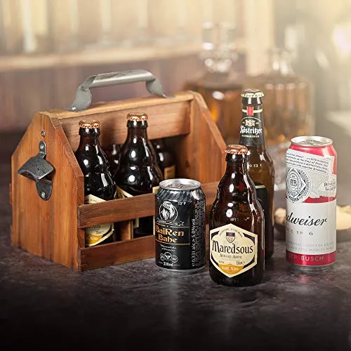 BARGIFTS Wooden 6-Bottle Caddy with Bottle Opener, build in a Removable Middle Divider Metal Bottle Opener… (Brown)