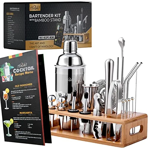 TEAVAS Mixology Bartender Kit with Bamboo Stand | 25-Piece Bar Essentials Set Comprising Stainless Steel Bar Tools | Sturdy Cocktail Shaker Set | Recipe Menu for Clubs, Lounge & Party | Barware Gift