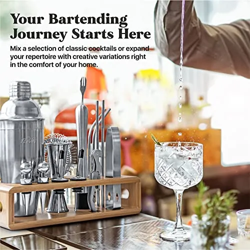 TEAVAS Mixology Bartender Kit with Bamboo Stand | 25-Piece Bar Essentials Set Comprising Stainless Steel Bar Tools | Sturdy Cocktail Shaker Set | Recipe Menu for Clubs, Lounge & Party | Barware Gift