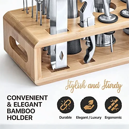 TEAVAS Mixology Bartender Kit with Bamboo Stand | 25-Piece Bar Essentials Set Comprising Stainless Steel Bar Tools | Sturdy Cocktail Shaker Set | Recipe Menu for Clubs, Lounge & Party | Barware Gift
