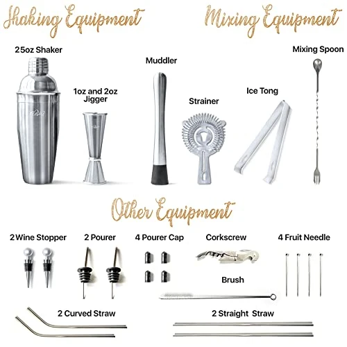 TEAVAS Mixology Bartender Kit with Bamboo Stand | 25-Piece Bar Essentials Set Comprising Stainless Steel Bar Tools | Sturdy Cocktail Shaker Set | Recipe Menu for Clubs, Lounge & Party | Barware Gift