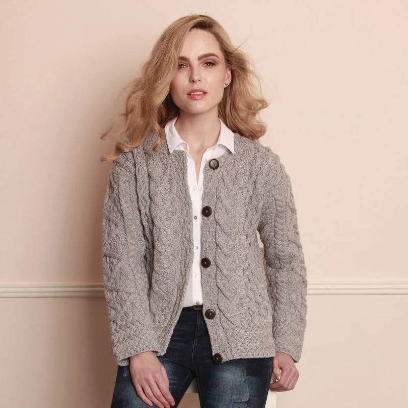 Ladies Boyfriend Aran Cable Knit Cardigan