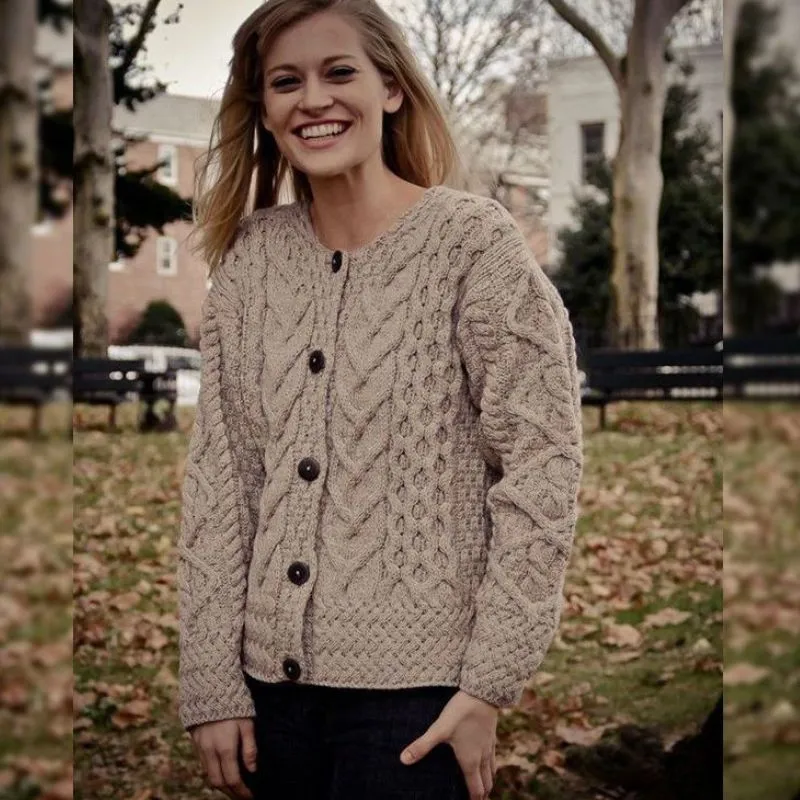 Ladies Boyfriend Aran Cable Knit Cardigan