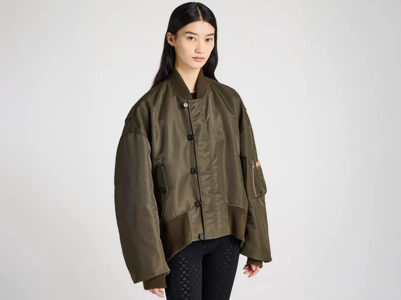 WOMENS OVERSIZED TIPPED HEM BOMBER JACKET IN MILITARY GREEN