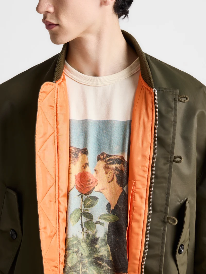 MENS OVERSIZED TIPPED HEM BOMBER JACKET IN MILITARY GREEN