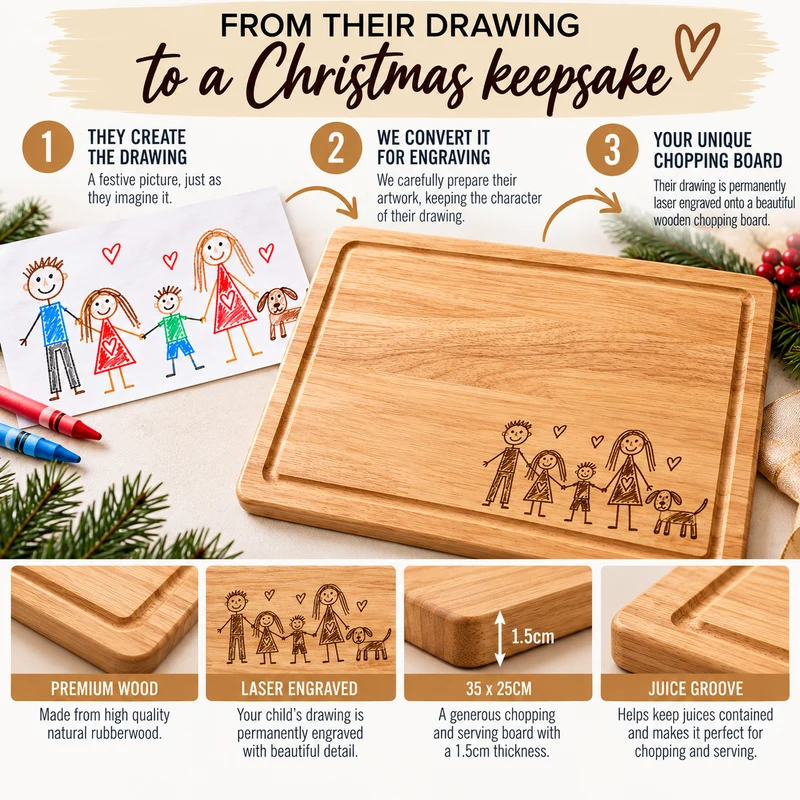 Your Child’s Drawing Christmas Chopping Board – Personalised Engraved Wooden Keepsake
