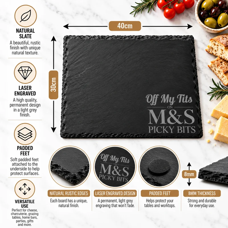 Off My Tits on M&S Picky Bits Engraved Slate Serving Board – 40 × 30cm