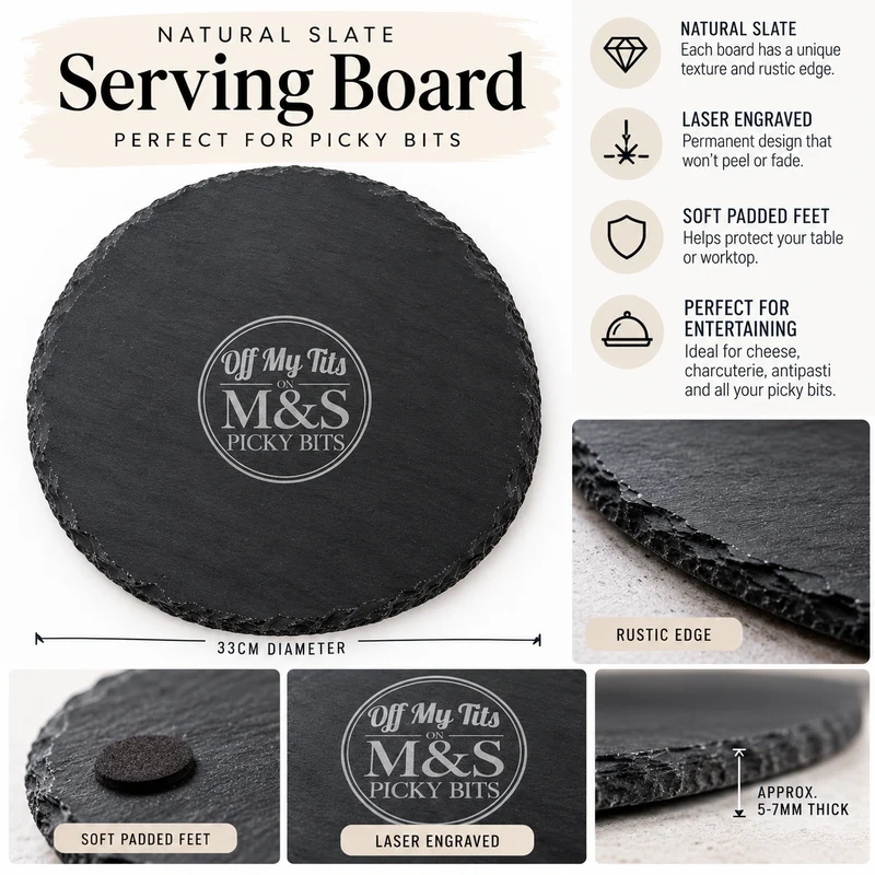 Off My Tits on M&S Picky Bits Round Engraved Slate Serving Board – 33cm
