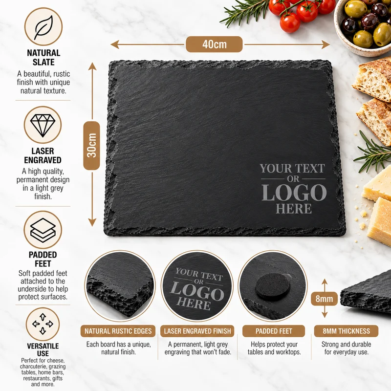 Personalised Engraved Slate Serving Platter – 40 × 30cm – Add Your Text or Logo