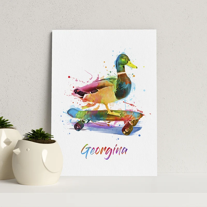 Personalised Personalised Watercolour Duck Skateboarding Print