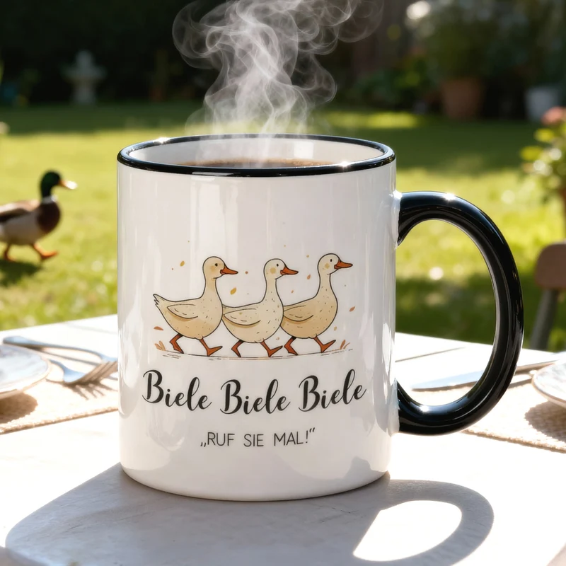 Keramiktasse mit Enten & Spruch 'Biele Biele Biele' | Lustige Meme-Tasse für TV- und Tierfreunde