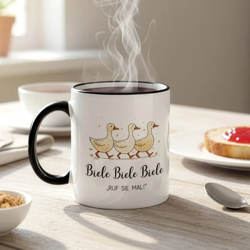 Keramiktasse mit Enten & Spruch 'Biele Biele Biele' | Lustige Meme-Tasse für TV- und Tierfreunde