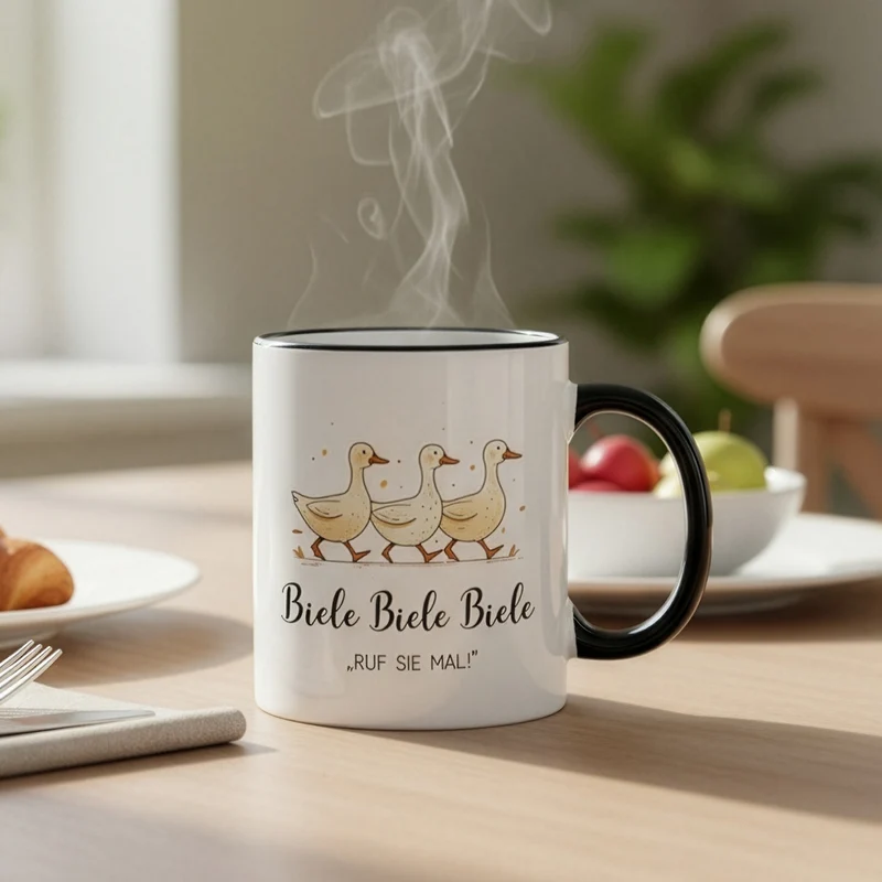 Keramiktasse mit Enten & Spruch 'Biele Biele Biele' | Lustige Meme-Tasse für TV- und Tierfreunde