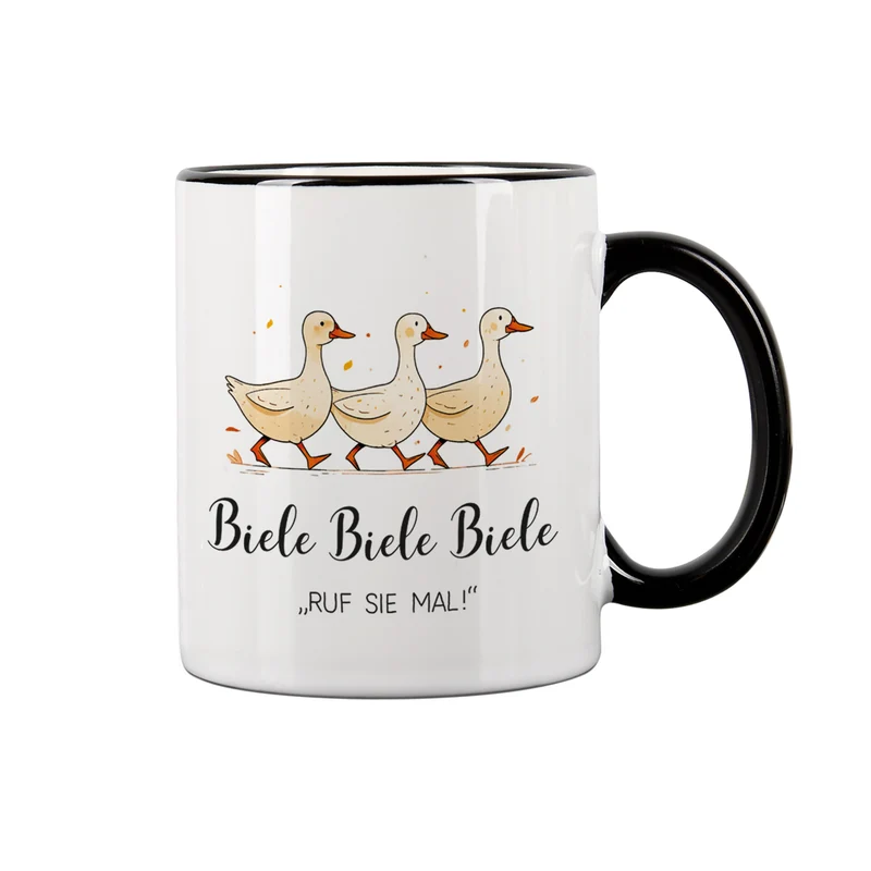 Keramiktasse mit Enten & Spruch 'Biele Biele Biele' | Lustige Meme-Tasse für TV- und Tierfreunde