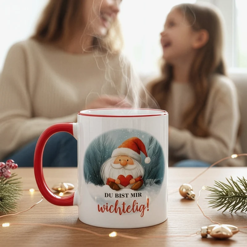 Keramiktasse mit Wichtel & Spruch 'Du bist mir wichtelig!' | Wichtelgeschenk zu Weihnachten