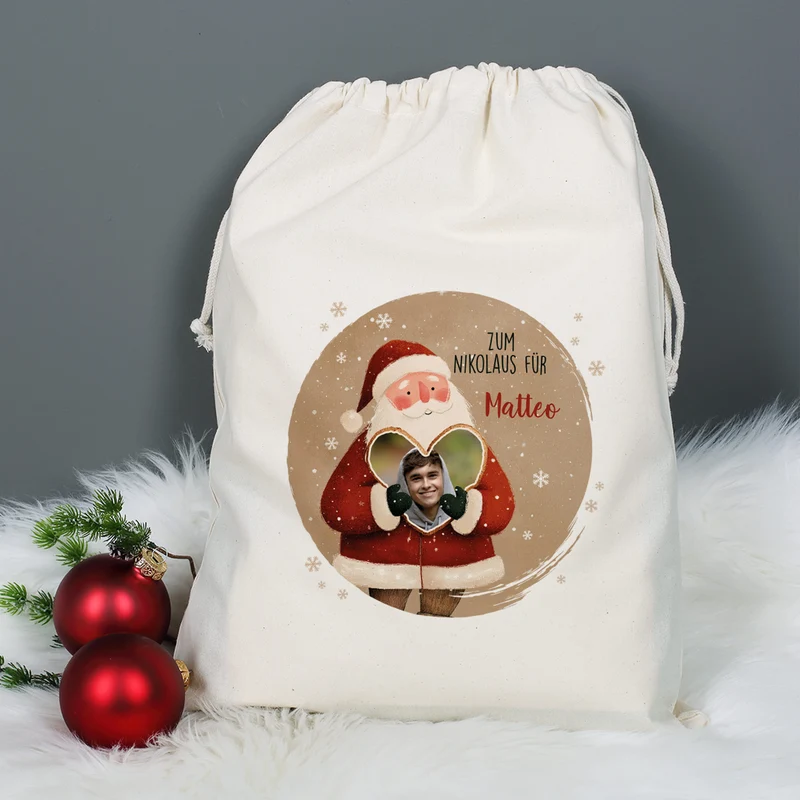 Personalisierter Geschenksack mit Foto-Herz, Wunschtext & Name | Geschenkverpackung zu Weihnachten