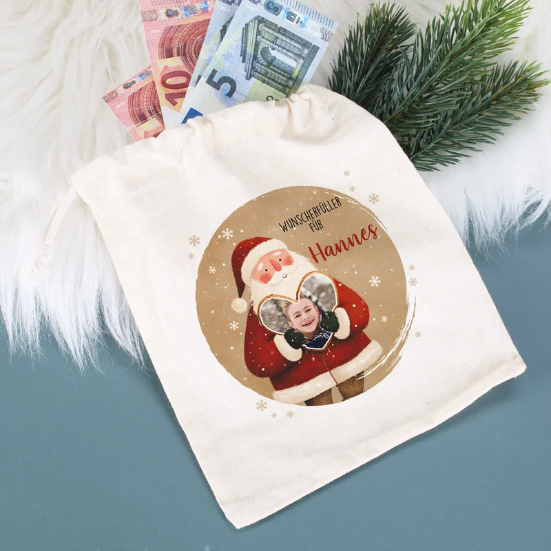 Personalisierter Geschenksack mit Foto-Herz, Wunschtext & Name | Geschenkverpackung zu Weihnachten