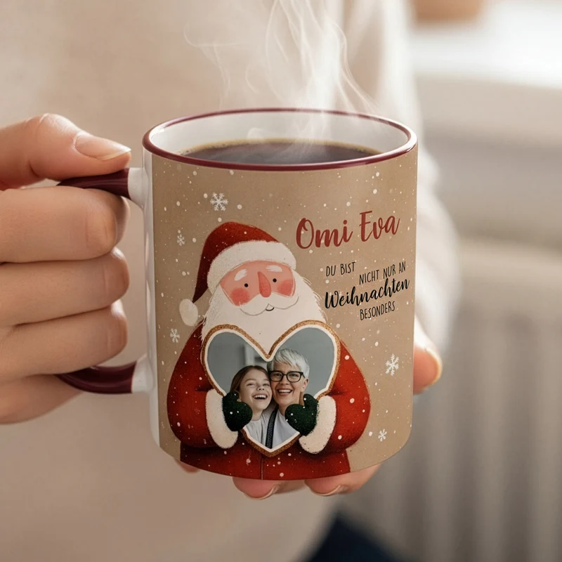 Keramiktasse mit Weihnachtsmann & Foto im Lebkuchenherz | Personalisiert mit Name zu Weihnachten
